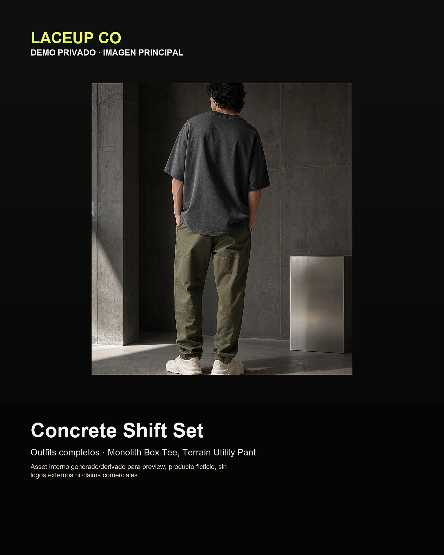 Outfit Concrete Shift en graphite, olive y bone, modelo anónimo de espaldas.