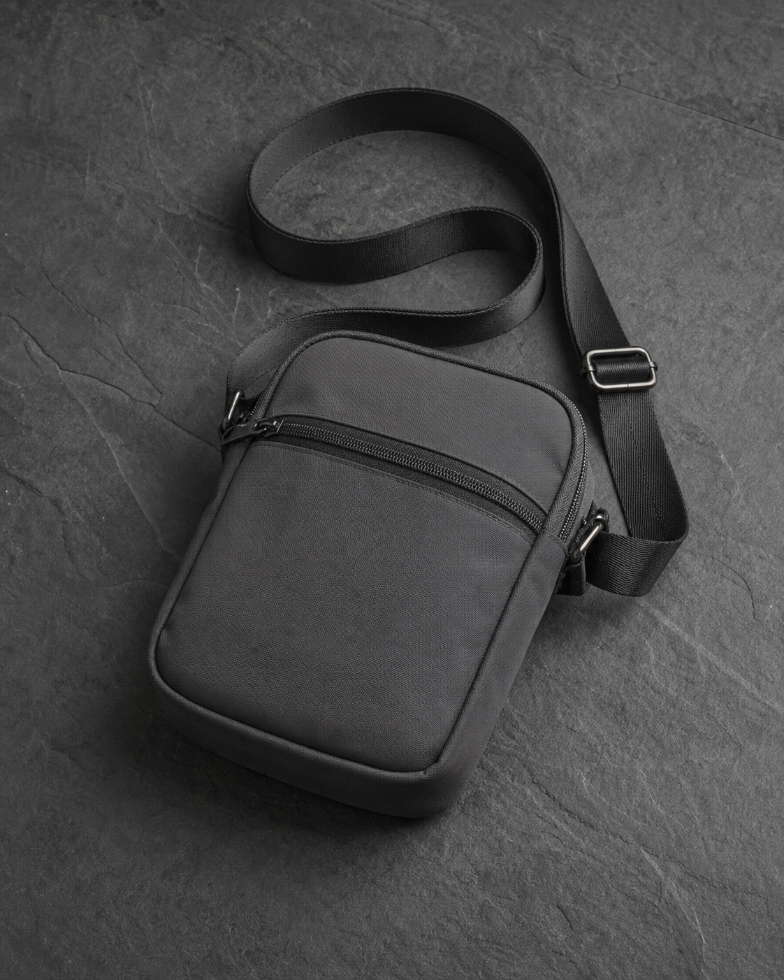Bolsa Orbit Crossbody graphite de nylon mate con cierre liso, fotografía de producto en estudio.