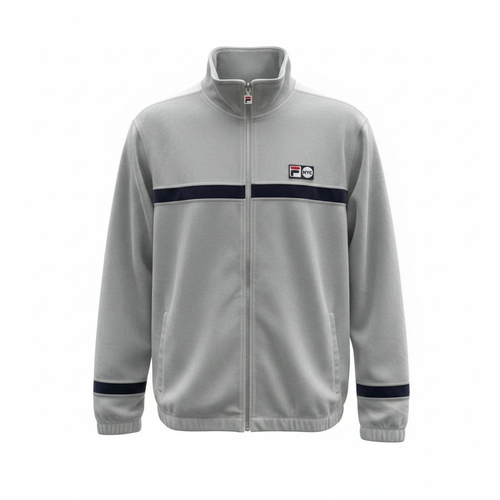 Chamarra Fila aterciopelada deportiva gris con franja azul - frente