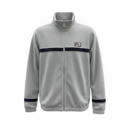 Chamarra Fila aterciopelada deportiva gris con franja azul - frente