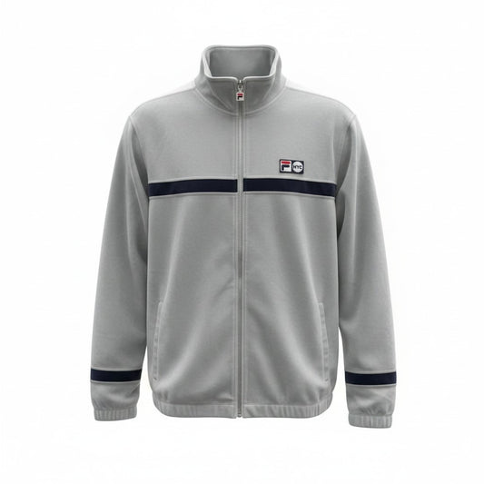 Chamarra Fila aterciopelada deportiva gris con franja azul - frente