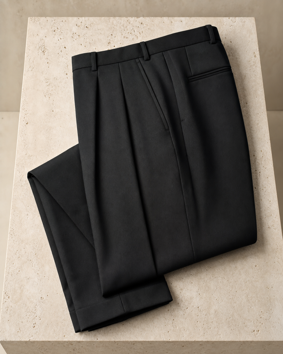 Pantalón Axis Pleat Trouser ink con pinzas frontales, fotografía de producto en estudio.