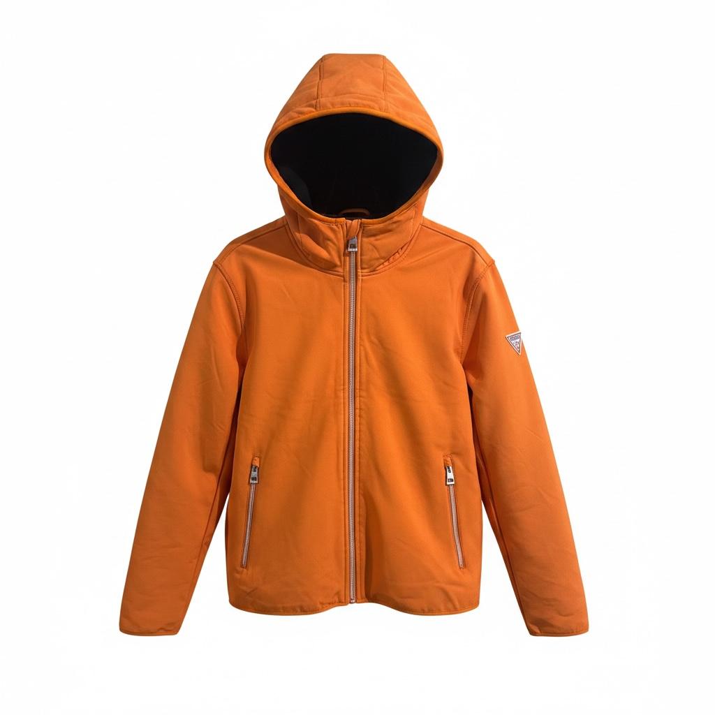 Chamarra LACEUP CO Guess softshell naranja con capucha, cierre frontal y parche de logo en la manga
