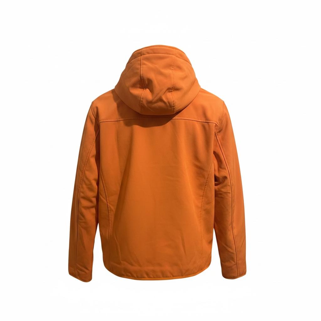 Chamarra LACEUP CO Guess softshell naranja con capucha, vista trasera de diseño deportivo casual