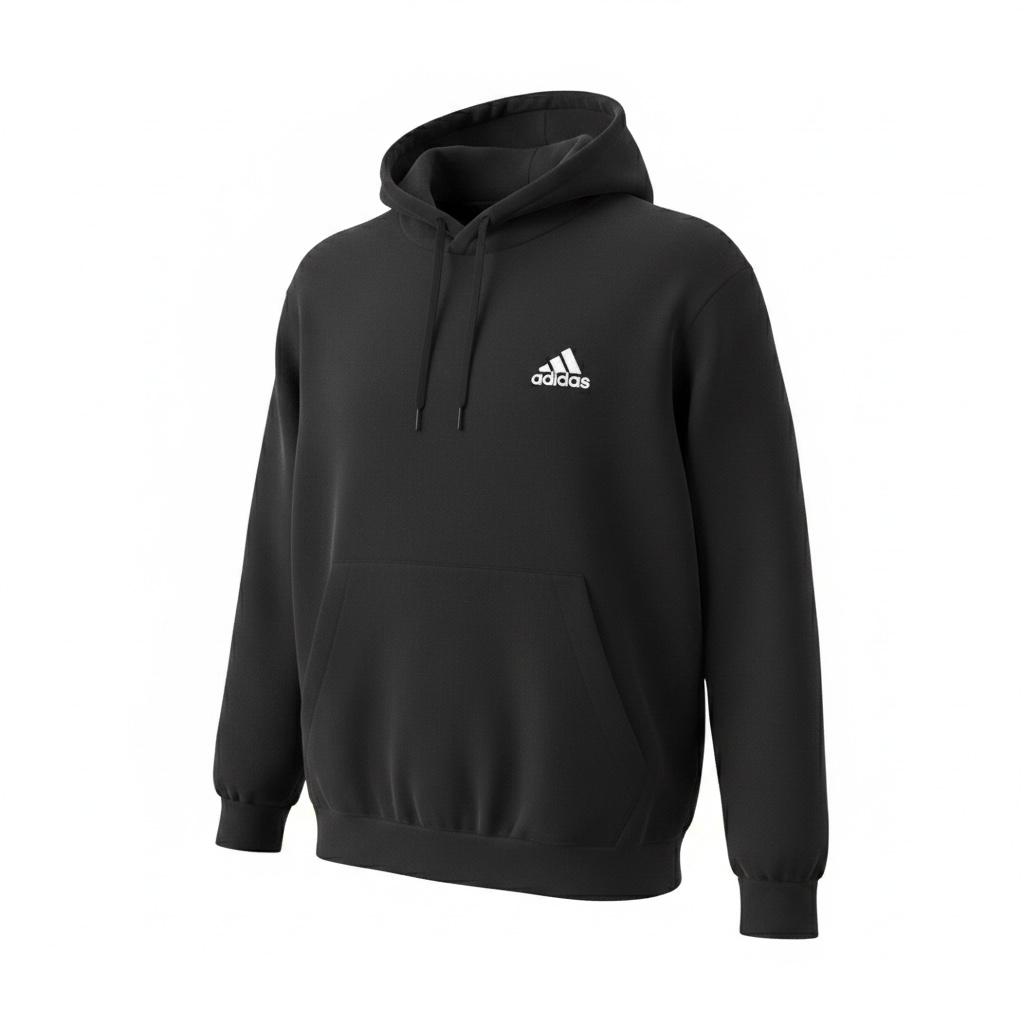 Sudadera LACEUP CO adidas Essentials negra con gorro, tejido fleece y logotipo blanco al frente
