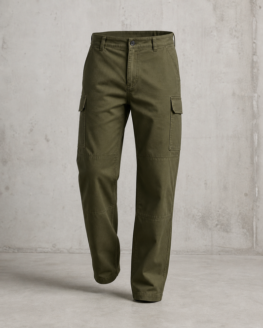 Pantalón Terrain Utility Pant olive de sarga con bolsillos discretos, fotografía de producto en estudio.