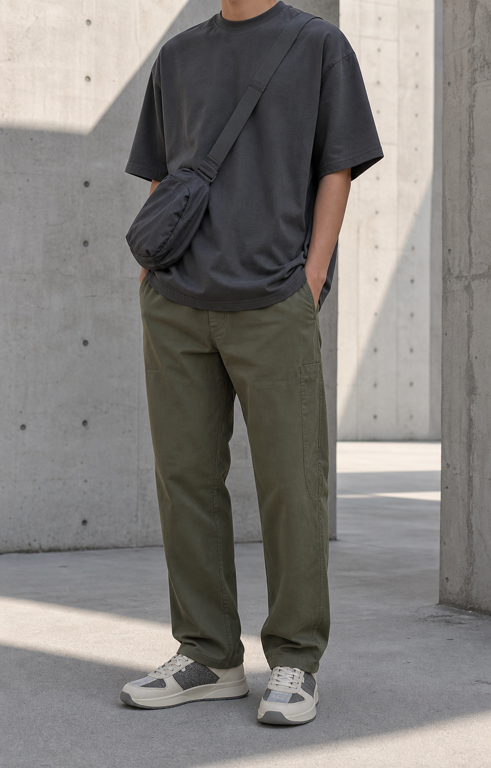 Outfit Concrete Shift con tee charcoal, utility pant olive, sneakers bone y crossbody graphite en editorial de concreto, rostro fuera de cuadro.