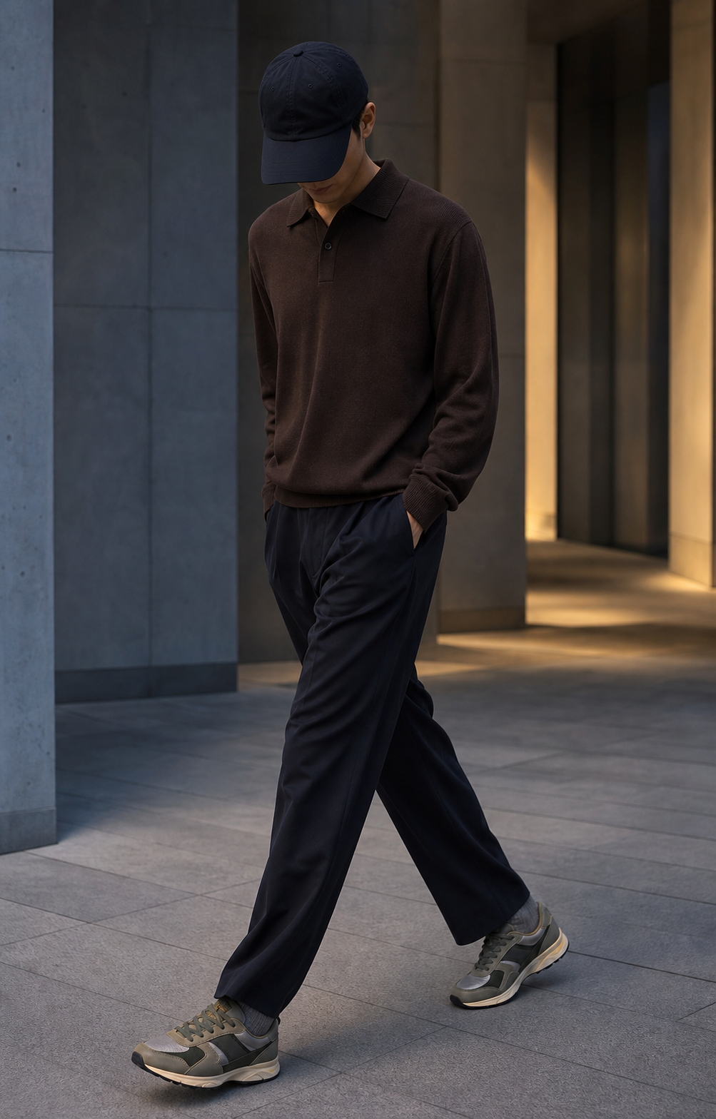 Outfit Night Transit con knit polo espresso, pleated trouser ink y runners ash/olive en editorial nocturna, rostro oculto.