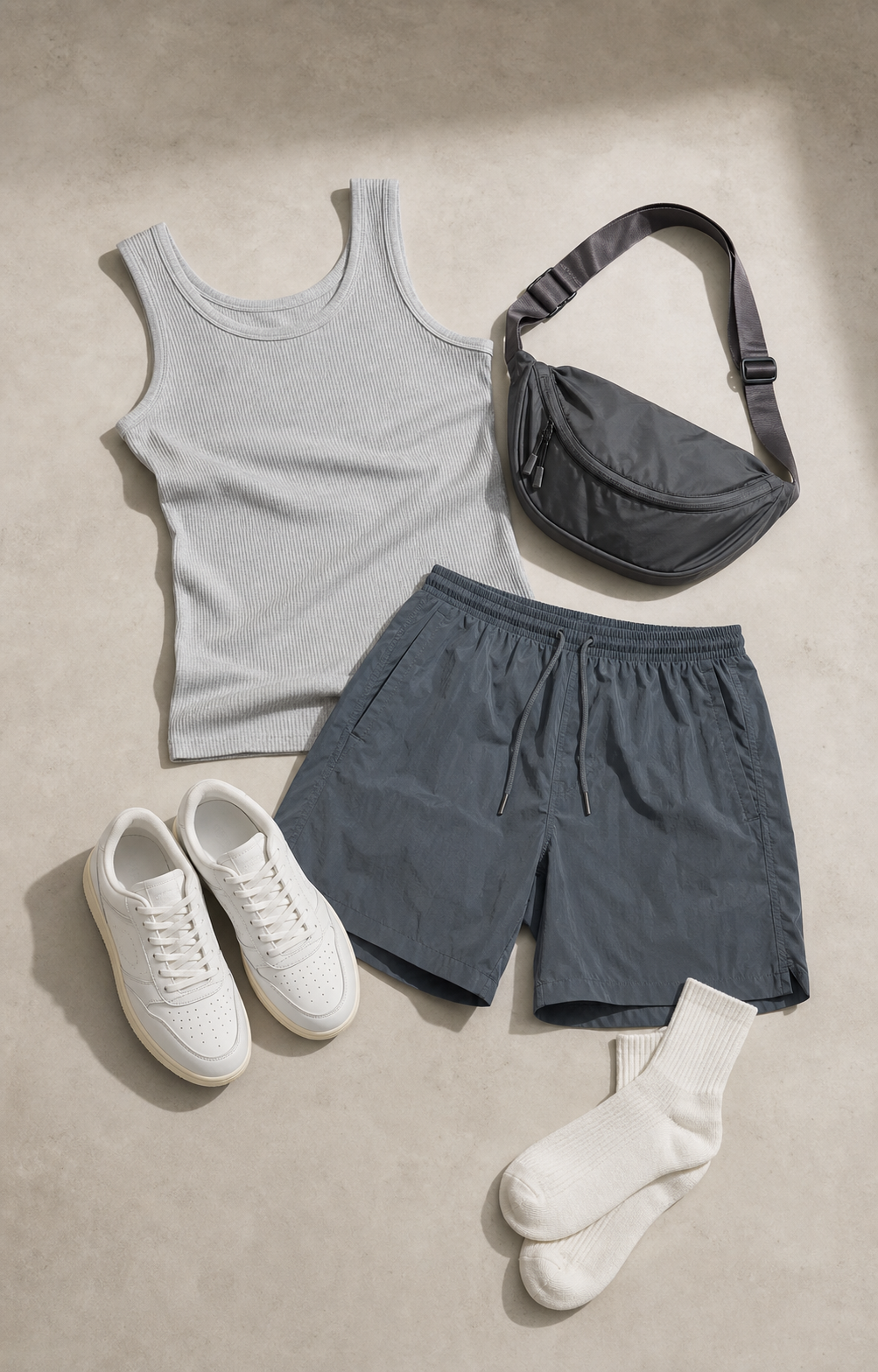 Outfit Studio Relay en composicion flat lay con rib tank ash, nylon short slate, sneakers chalk y crossbody graphite.